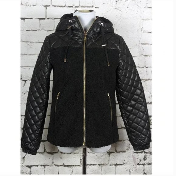 kate spade hooded mixed media black quilts jacket coat size xs small nwt - Picture 5 of 11
